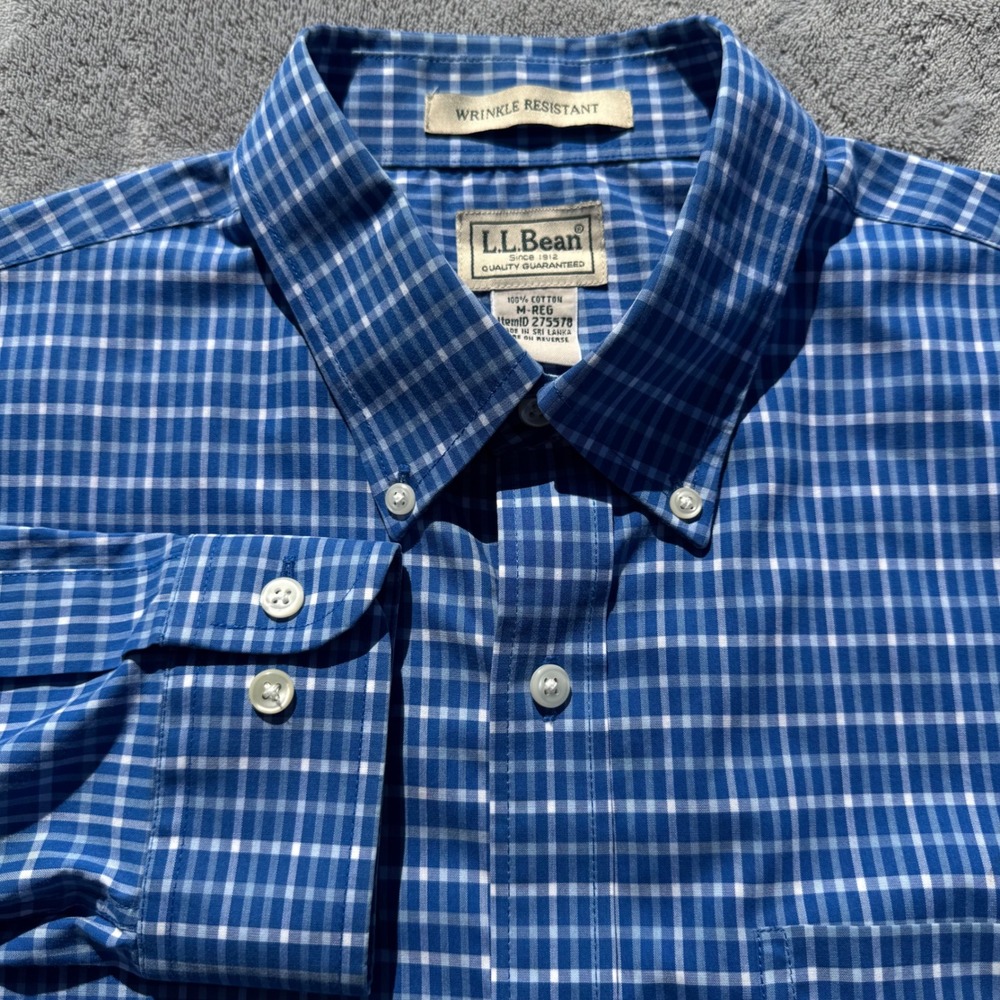 LL Bean Mens Blue White Gingham Check Wrinkle Resistant Button Down Shirt M Reg